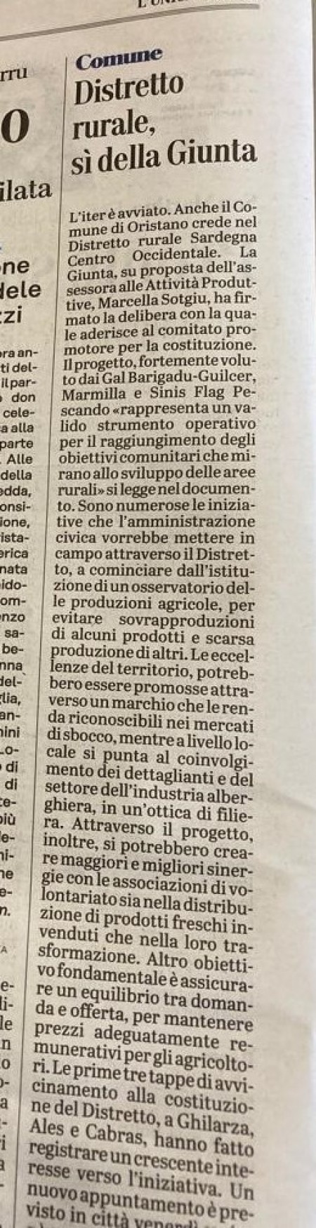 L'Unione Sarda | Oristano| Distretto rurale, sì della giunta